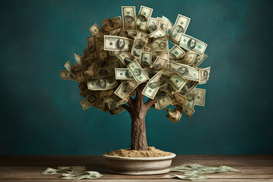 Money tree with dollars instead of leaves. Creative concept of investment, financial literacy and savings. 3d reader illustration style.