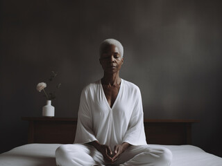 Beautiful mature black woman meditating , self-care and tranquility.