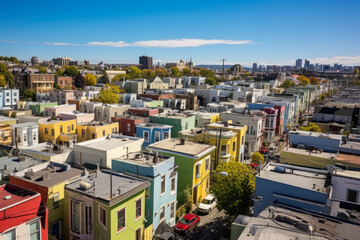 Fototapeta premium Vibrant Birdseye View of a Thriving Urban Neighborhood with Colorful Buildings and Lively Streets