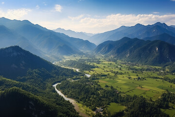 Fototapeta na wymiar Majestic Aerial Perspective of a Serene Valley Nestled Amongst Towering Mountains