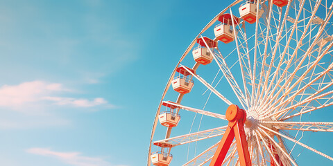 Attraction in amusement parks - Ferris wheel against bright blue sky, copy space for text. Creative minimal wallpaper for open-air amusement park.