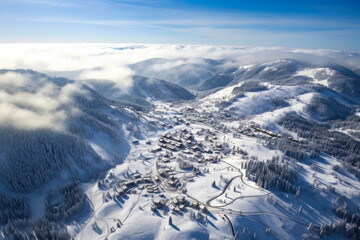 Majestic Winter Wonderland: Breathtaking Aerial View of a Snow-Covered Ski Resort