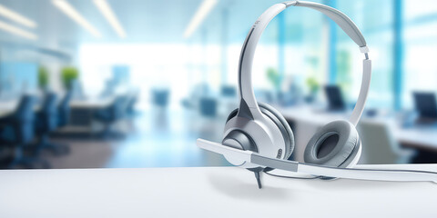Close-up of empty call center desktop operator workspace, focused on headset. Creative wallpaper of corporate customer service support and telesales communication technology. 
