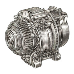 and drawn illustration of alternator in engraved style isolated on transparent or white background. Generative AI - obrazy, fototapety, plakaty