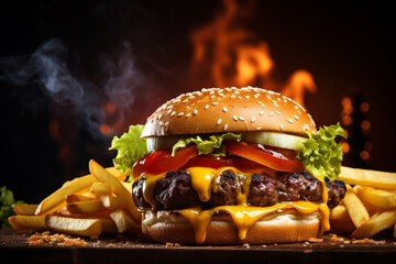 Mouth-watering photo of juicy burger and fries - obrazy, fototapety, plakaty