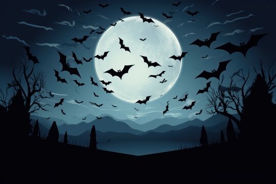 Flying bats in front of the blue moon, Halloween, cartoon