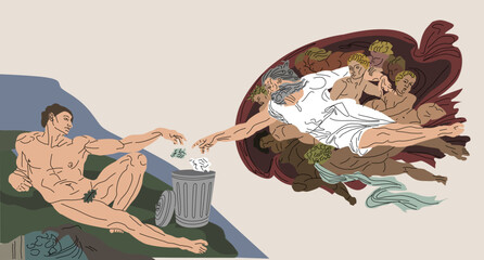 Creation of Adam. vector illustration. painting masterpieces. The birth of a person. Fresco by Michelangelo. Environment protection. To take out the trash. Protection of Nature.  Don't litter