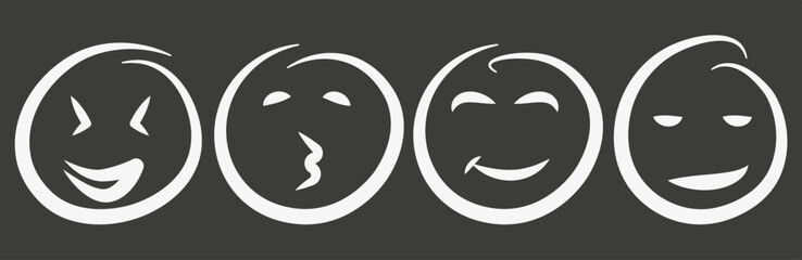 Positive emoticons. Set of four white abstract textured vector emoticons. Emoticons drawn with vector abstract line art.