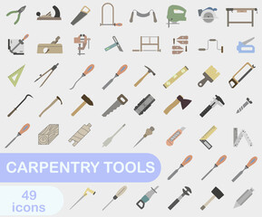 Colored bright icons of carpentry tools. Collection of carpentry tools icons. Tool for carpentry workshop. Vector illustration.
