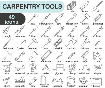 Carpentry tool icon collection. Carpentry tool thin line with title. Vector illustration.
