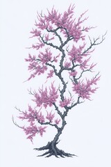 Fanciful pink trees resembling cherry blossoms on a white background