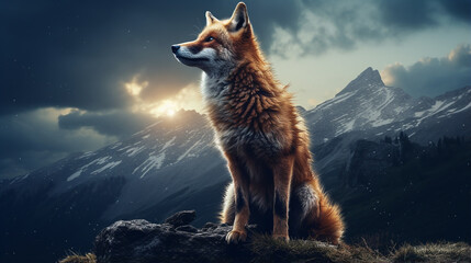 Obraz premium A aggressive fox standing on top of the mountain and dark night looking moon