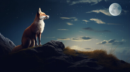 A aggressive fox standing on top of the mountain and dark night looking moon