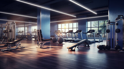 A sleek gym environment with various exercise equipment, including treadmills, weight machines, and exercise balls, all positioned thoughtfully to create an inviting and organized workout space.