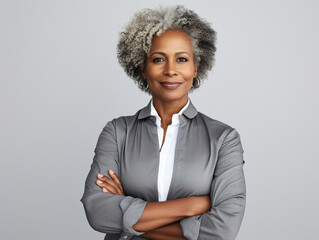 Portrait of a Smiling African American Business Woman middle age 50s 40s arms crossed isolated white background - Powered by Adobe