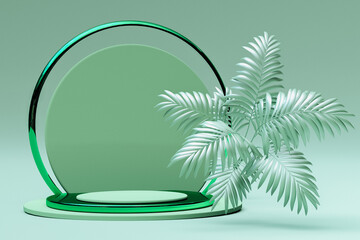 Fototapeta na wymiar Green round podium, platform for advertising products, promotions with tropical palm.Composition of geometric objects, 3D render. Spring, summer illustration
