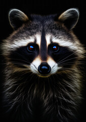Fototapeta premium Photograph of a wild raccoon on a dark background conceptual for frame