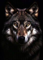 Photograph of a wild wolf on a dark background conceptual for frame