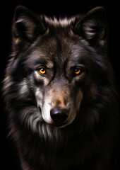 Photograph of a wild wolf on a dark background conceptual for frame
