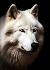 Photograph of an african arctic wolf in a dark backdrop conceptual for frame