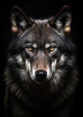 Photograph of an fierce wolf in a dark backdrop conceptual for frame