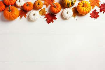 Fall background with orange pumpkins and fall leaves on a light surface, generative AI - obrazy, fototapety, plakaty