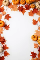  Fall background with orange pumpkins and fall leaves on a light surface, generative AI © fahrwasser