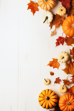 Fall background with orange pumpkins and fall leaves on a light surface, generative AI