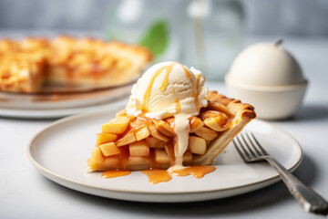 Perfect slice of apple pie with caramel topped with a scoop of vanilla ice cream, generative AI