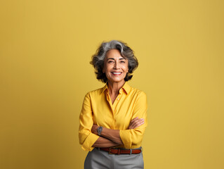 Portrait of a Smiling Business Woman middle age 50s 40s arms crossed isolated white background, yellow, Canva, copy space