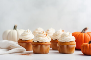 Pumpkin cupcakes on a white table topped with cream cheese frosting and dusted with cinnamon, generative AI