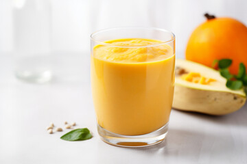 Pumpkin smoothie on a white table in a glass, fall breakfast or snack idea, generative AI