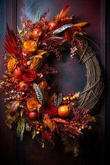 Naklejka premium Festive Thanksgiving wreath with leaves and pumpkins on a door, generative AI