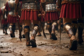 Rhythms of the Past: Downward Perspective, Centering on Sandaled Feet of Roman Soldiers Progressing in Concert along the Roman Cobblestone Path Generative AI