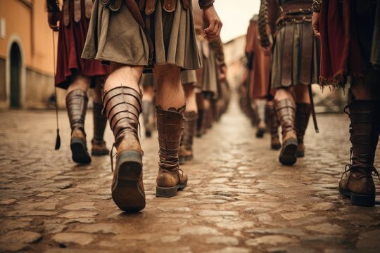 Footprints Of Power: Low-Angle Glance, Capturing Sandaled Feet Of Roman Warriors Advancing In Concert On The Cobblestone Road Of Ancient Rome Generative AI