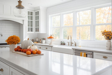 White modern kitchen decorated for fall with orange pumpkins and leaves, generative AI - 633882580