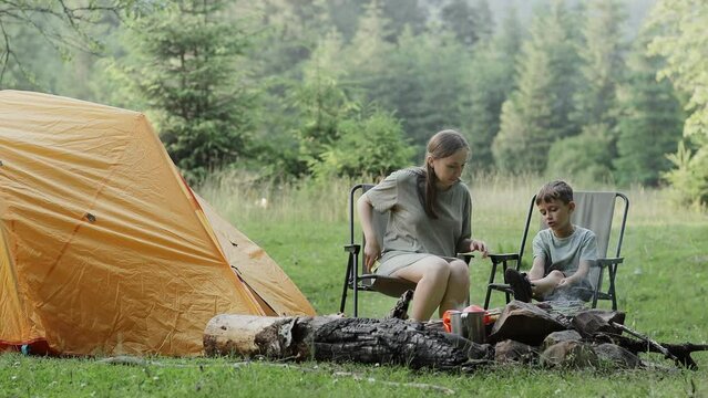 Mother uses a remedy for mosquitoes and biting insects in nature for son. Protection of the skin from tick bites, gadflies, blood-sucking pests, a means for children without allergens for outdoor camp