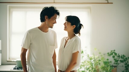couple looking at each other in a white airy room