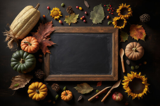 Fall background, empty chalkboard surrounded by pumpkins and sunflowers and fall leaves, generative AI