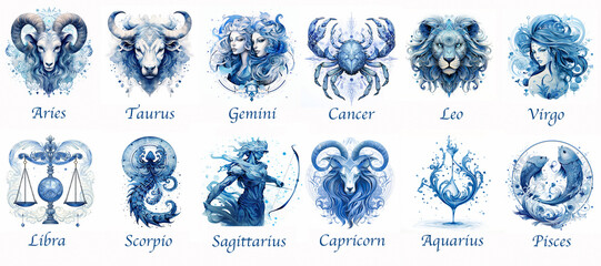 12 Zodiac signs in blue tones on white background