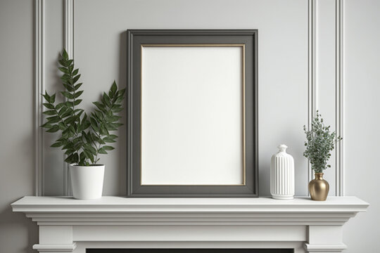 Empty frame on a white mantle with plants , blank mock up for art showcase, generative AI