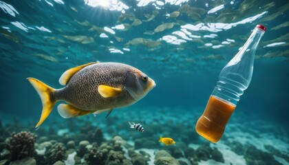 Plastic bottle polluting the ocean and harming aquatic life