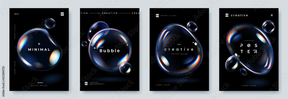 Poster glowing soap bubbles on black background. creative poster set with realistic iridescent bubble of di