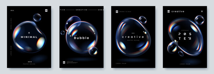 Glowing soap bubbles on black background. Creative poster set with realistic iridescent bubble of different shapes and place for text. A4 size. Vector illustration