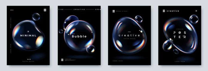 Foto auf Acrylglas Höhenskala Glowing soap bubbles on black background. Creative poster set with realistic iridescent bubble of different shapes and place for text. A4 size. Vector illustration