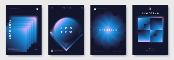 Vector poster template with gradient shapes on dark blue and place for text. Poster set in minimal style. Beautiful geometric gradients. A4 size. Ideal for banner, cover, invitation.