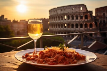 Taste of Italy. Savoring a Delectable Plate of Spaghetti with Tomato Sauce and Basil in a Charming Roman Café with the Colosseum as a Backdrop. Culinary Experience 