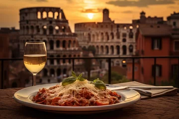 Papier Peint photo autocollant Rome Taste of Italy. Savoring a Delectable Plate of Spaghetti with Tomato Sauce and Basil in a Charming Roman Café with the Colosseum as a Backdrop. Culinary Experience 