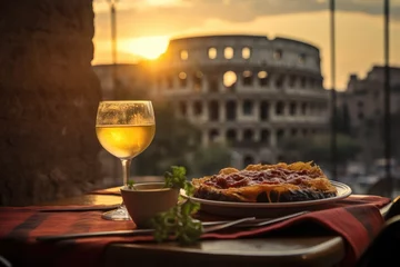 Fotobehang Colosseum Taste of Italy. Savoring a Delectable Plate of Spaghetti with Tomato Sauce and Basil in a Charming Roman Café with the Colosseum as a Backdrop. Culinary Experience 