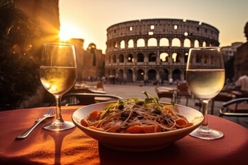 Taste of Italy. Savoring a Delectable Plate of Spaghetti with Tomato Sauce and Basil in a Charming Roman Café with the Colosseum as a Backdrop. Culinary Experience 